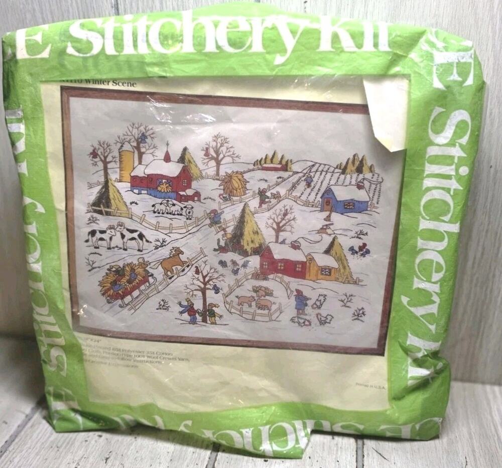 Vtg 1979 Winter Scene Crewel Needle Craft Kit Creative Expressions 18x24 Wool